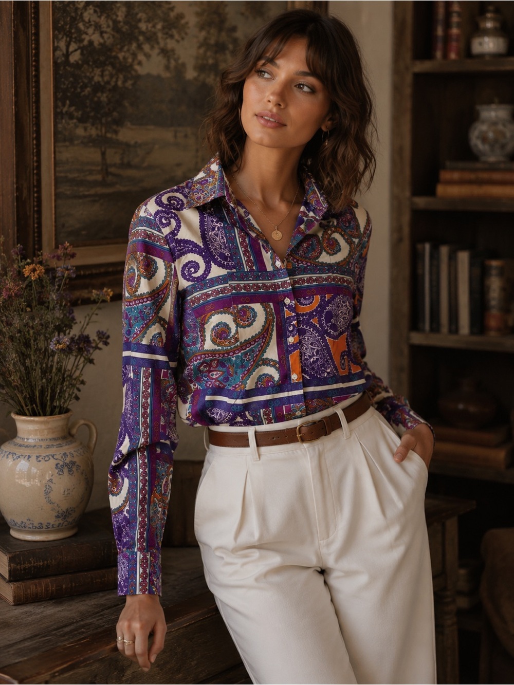 Cotton Paisley Button Up Shirt UK 12 Purple Hawes Curtis